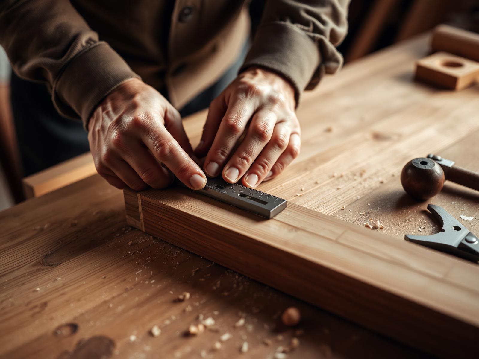 Craftsman measuring walnut wood — Elaborate Carpentry workshop, Chicago