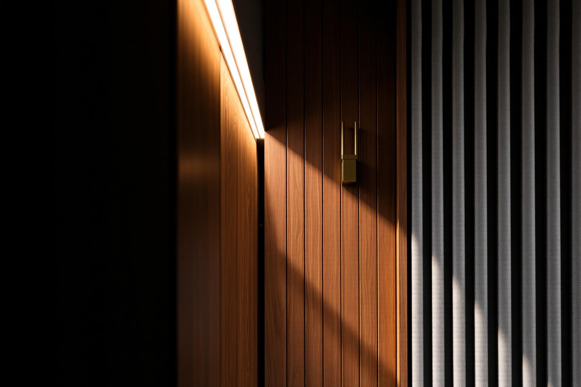 Warm walnut wood paneling with fabric-wrapped acoustic detail and brass sconce — luxury Chicago interior